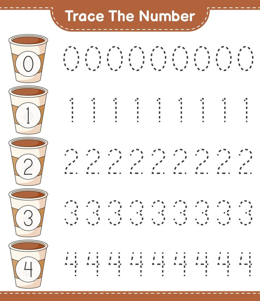 Trace the number. Tracing number with Coffee Cup. Educational children game, printable worksheet, vector illustration