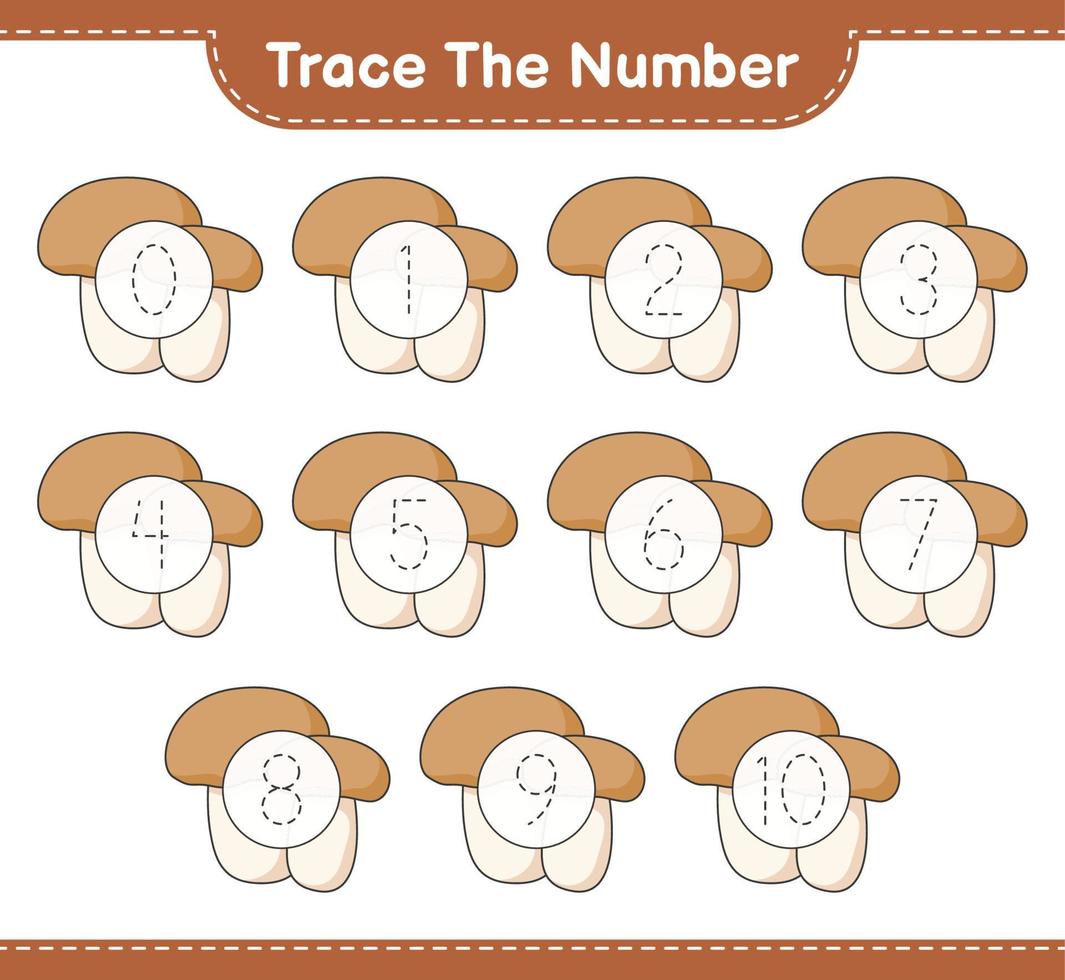 Trace the number. Tracing number with Mushroom Boletus. Educational children game, printable worksheet, vector illustration