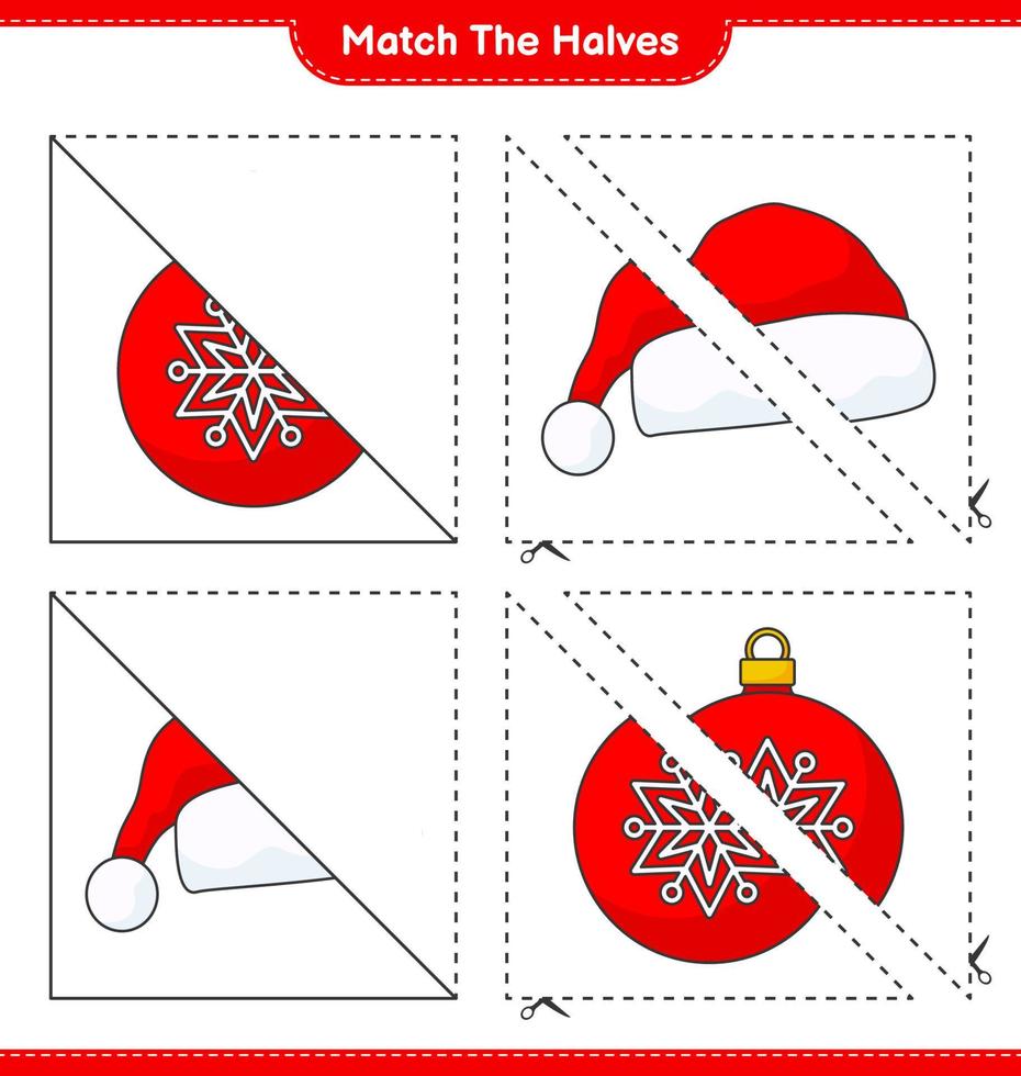 Match the halves. Match halves of Christmas Ball and Santa Hat. Educational children game, printable worksheet, vector illustration