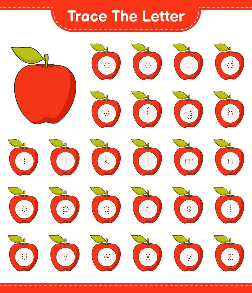 Trace the letter. Tracing letter alphabet with Apple. Educational children game, printable worksheet, vector illustration