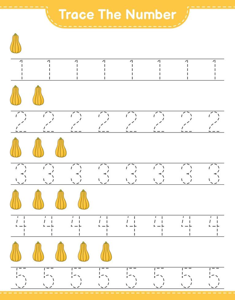 Trace the number. Tracing number with Butternut Squash. Educational children game, printable worksheet, vector illustration