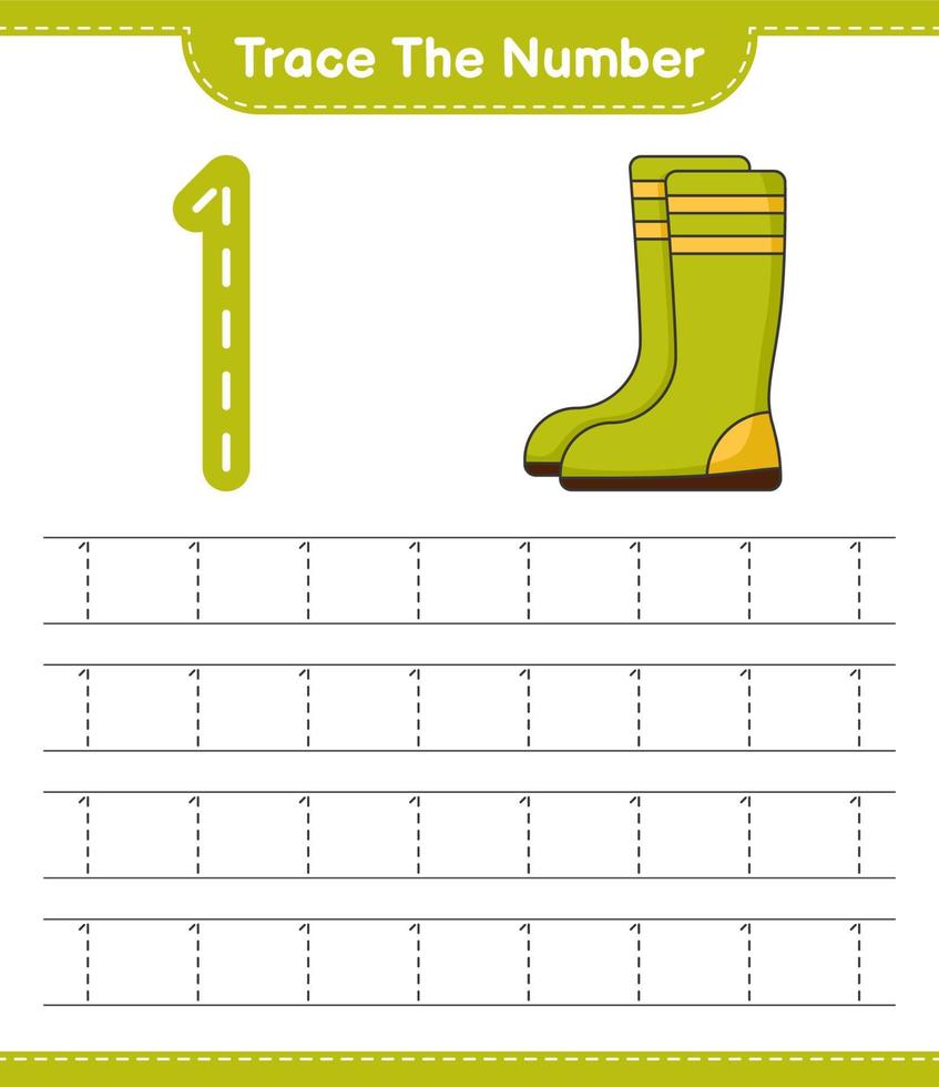 rastrear el número. número de seguimiento con botas de goma. juego educativo para niños, hoja de cálculo imprimible, ilustración vectorial vector