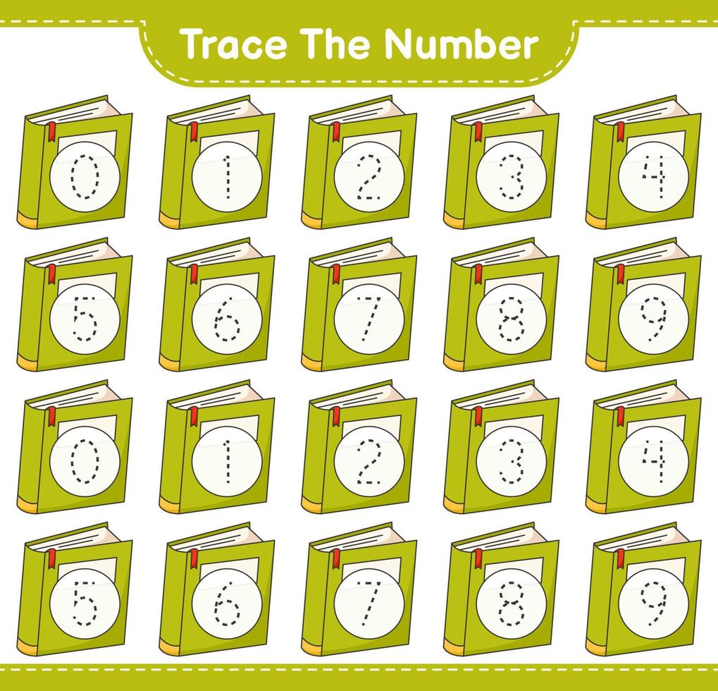 Trace the number. Tracing number with Book. Educational children game, printable worksheet, vector illustration