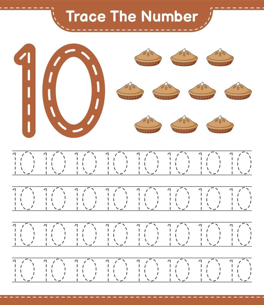 Trace the number. Tracing number with Pie. Educational children game, printable worksheet, vector illustration