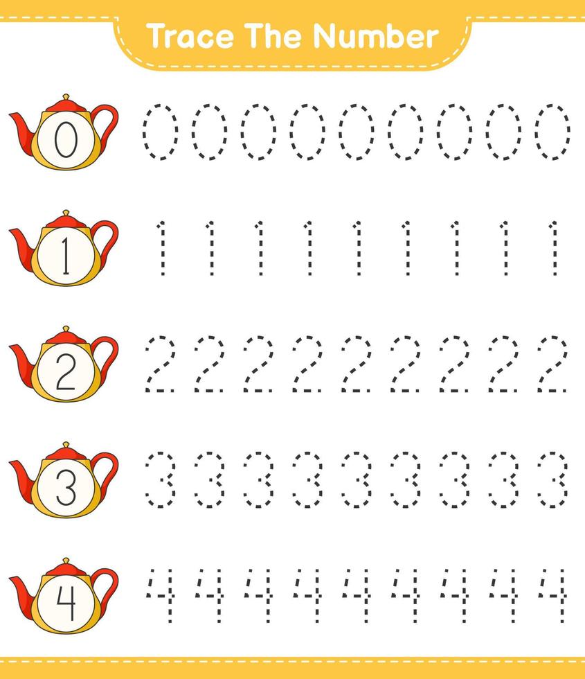 Trace the number. Tracing number with Teapot. Educational children game, printable worksheet, vector illustration