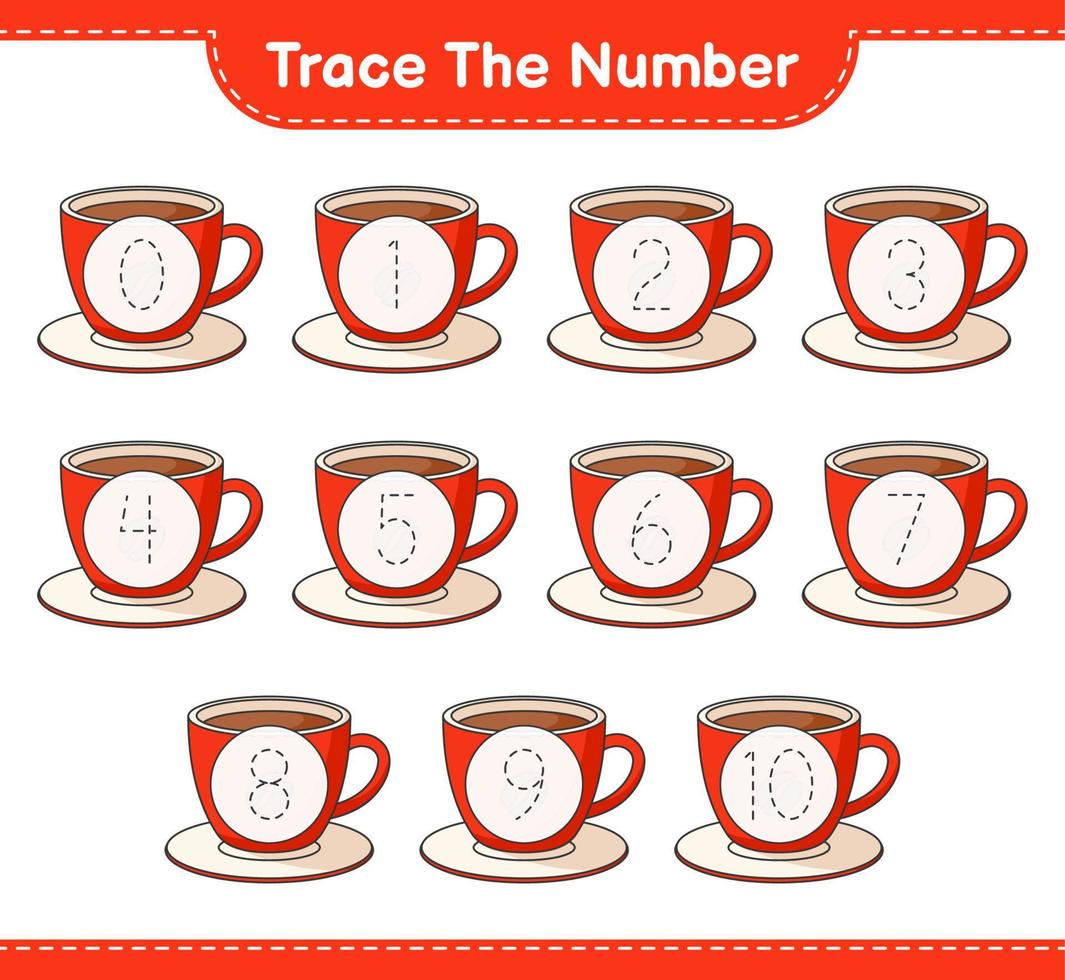 Trace the number. Tracing number with Coffee Cup. Educational children game, printable worksheet, vector illustration