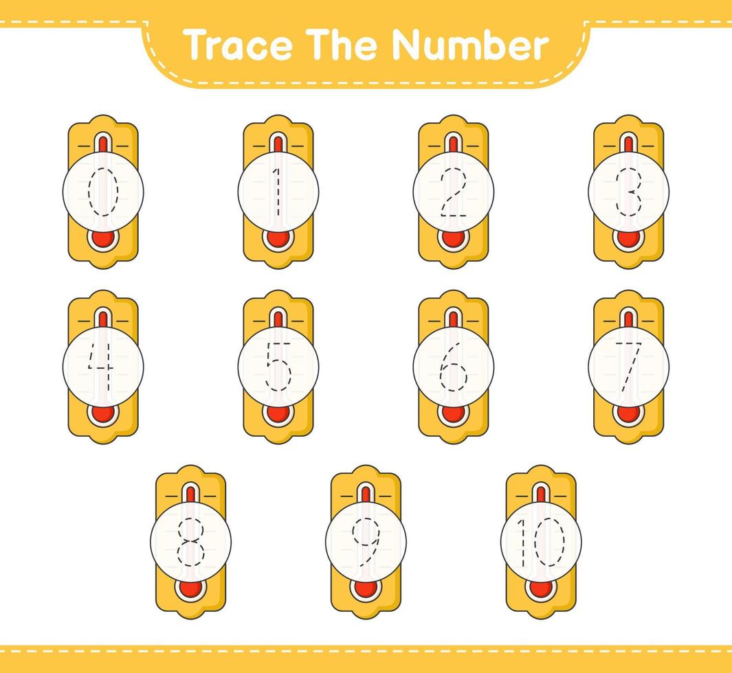 Trace the number. Tracing number with Thermometer. Educational children game, printable worksheet, vector illustration