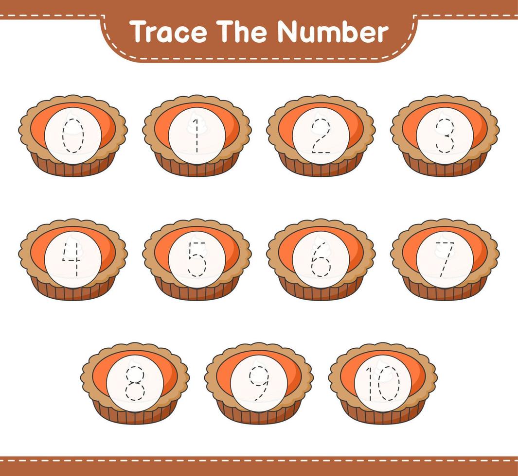 Trace the number. Tracing number with Pie. Educational children game, printable worksheet, vector illustration