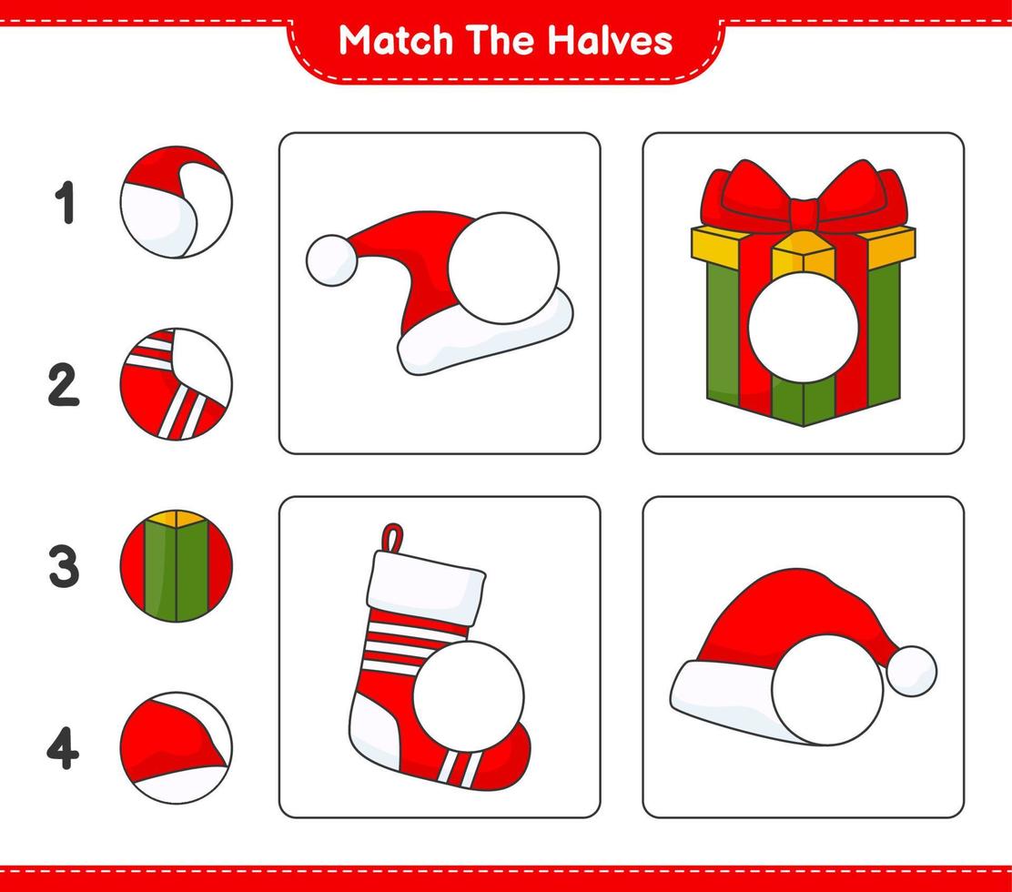 Match the halves. Match halves of Santa Hat, Gift Box, and Christmas Sock. Educational children game, printable worksheet, vector illustration