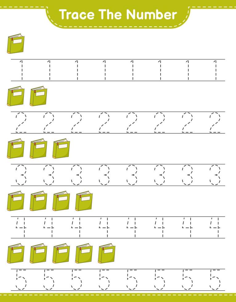 Trace the number. Tracing number with Book. Educational children game, printable worksheet, vector illustration