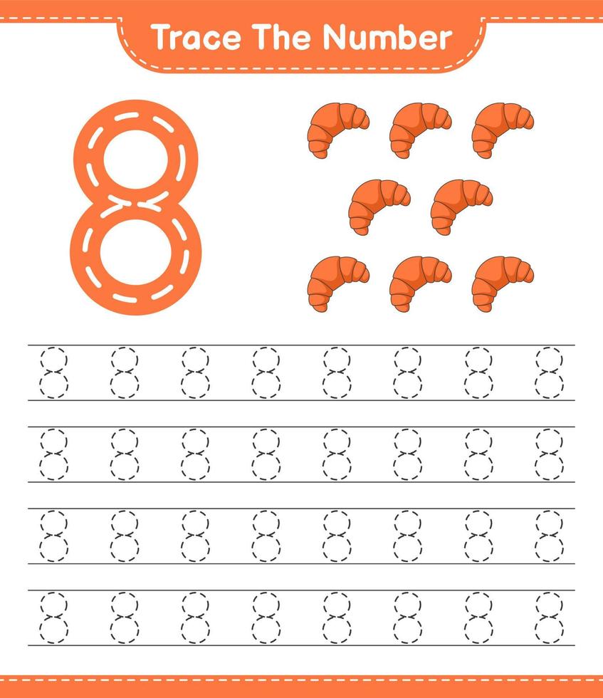 Trace the number. Tracing number with Croissant. Educational children game, printable worksheet, vector illustration