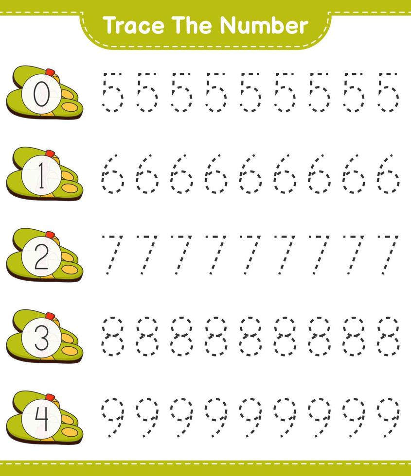 Trace the number. Tracing number with Slippers. Educational children game, printable worksheet, vector illustration
