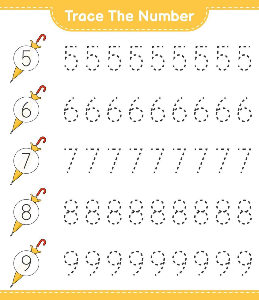 Trace the number. Tracing number with Umbrella. Educational children game, printable worksheet, vector illustration