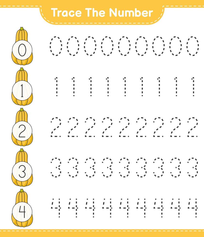 Trace the number. Tracing number with Butternut Squash. Educational children game, printable worksheet, vector illustration