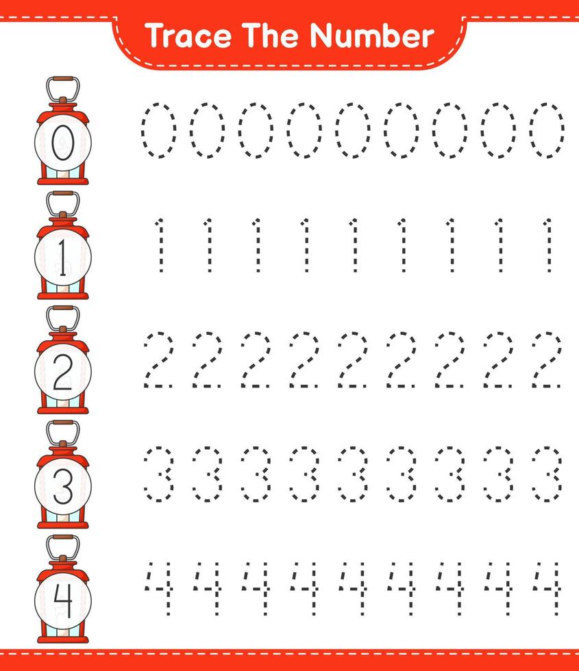 Trace the number. Tracing number with Lantern. Educational children game, printable worksheet, vector illustration