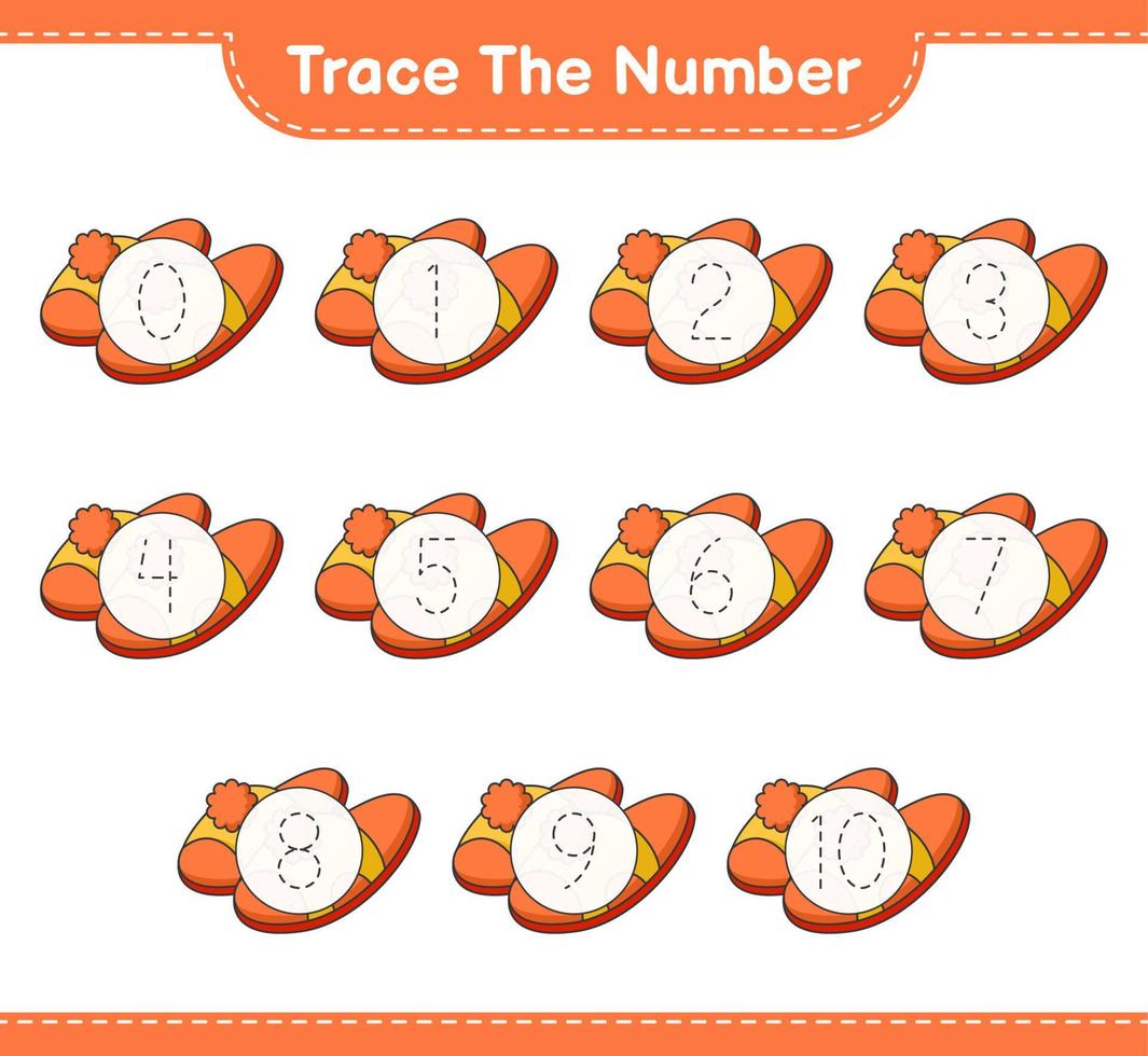 Trace the number. Tracing number with Slippers. Educational children game, printable worksheet, vector illustration