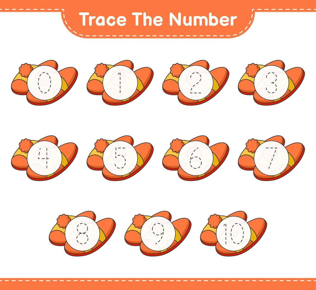 Trace the number. Tracing number with Slippers. Educational children game, printable worksheet, vector illustration