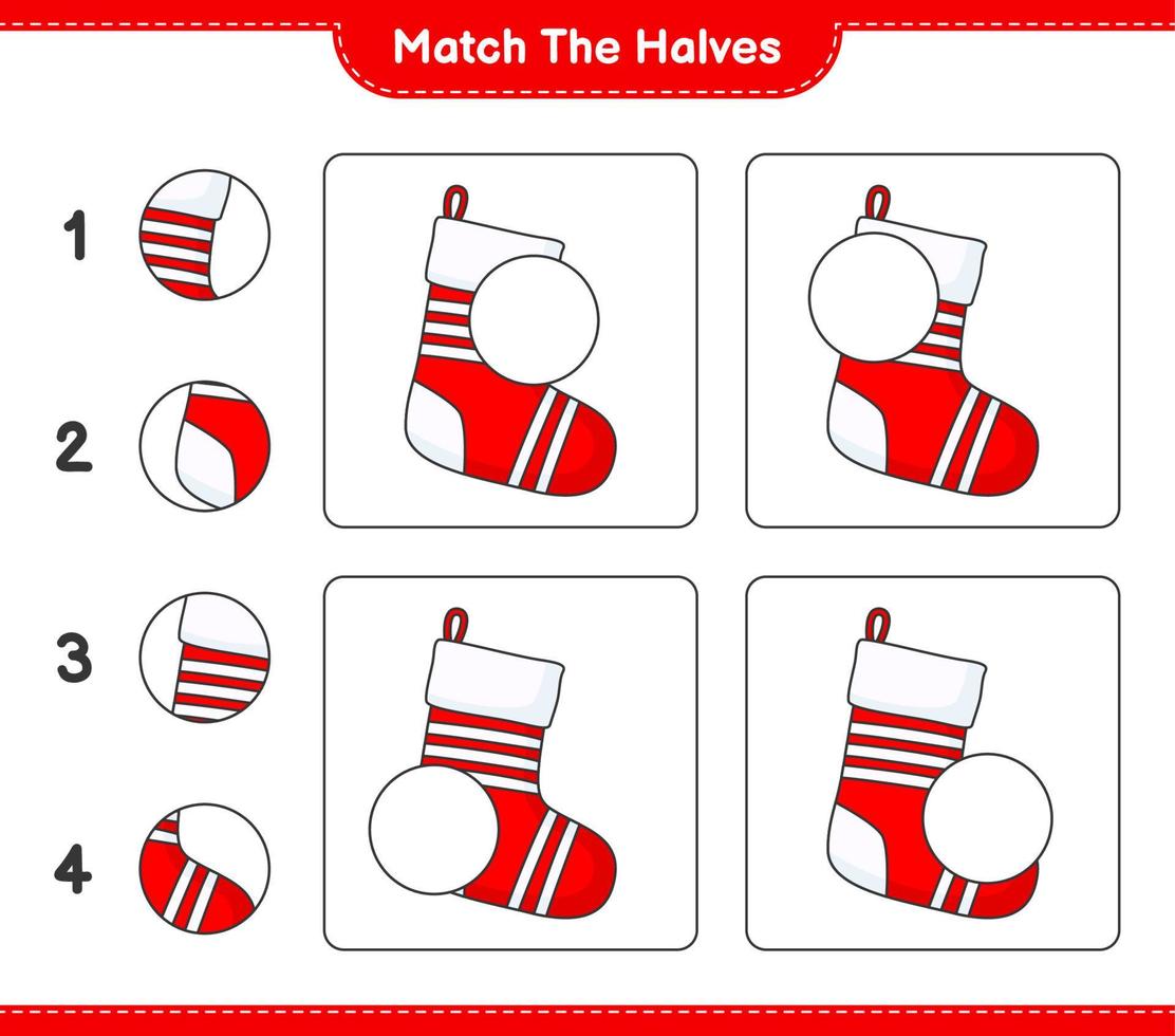 Match the halves. Match halves of Christmas Sock. Educational children game, printable worksheet, vector illustration