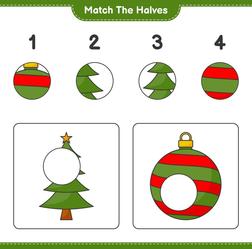 Match the halves. Match halves of Christmas Tree and Christmas Ball. Educational children game, printable worksheet, vector illustration