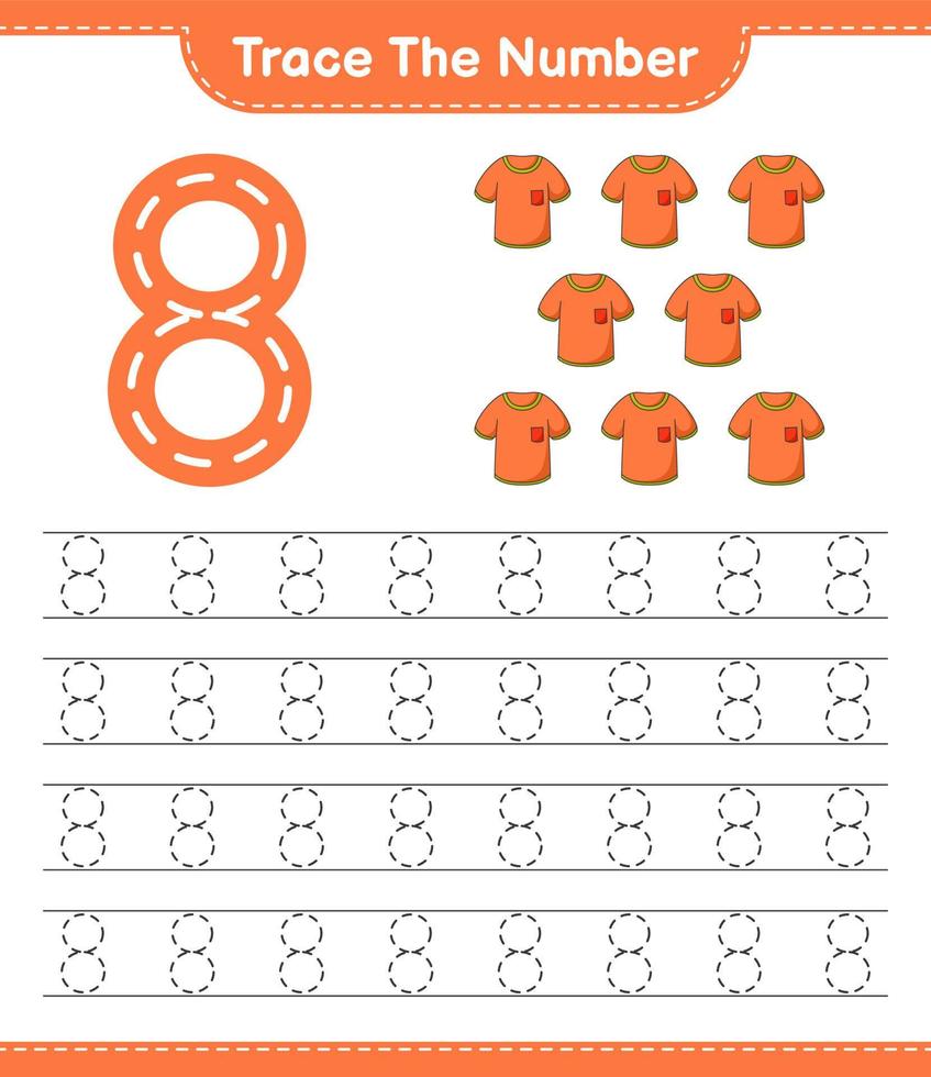 Trace the number. Tracing number with T-shirt. Educational children game, printable worksheet, vector illustration