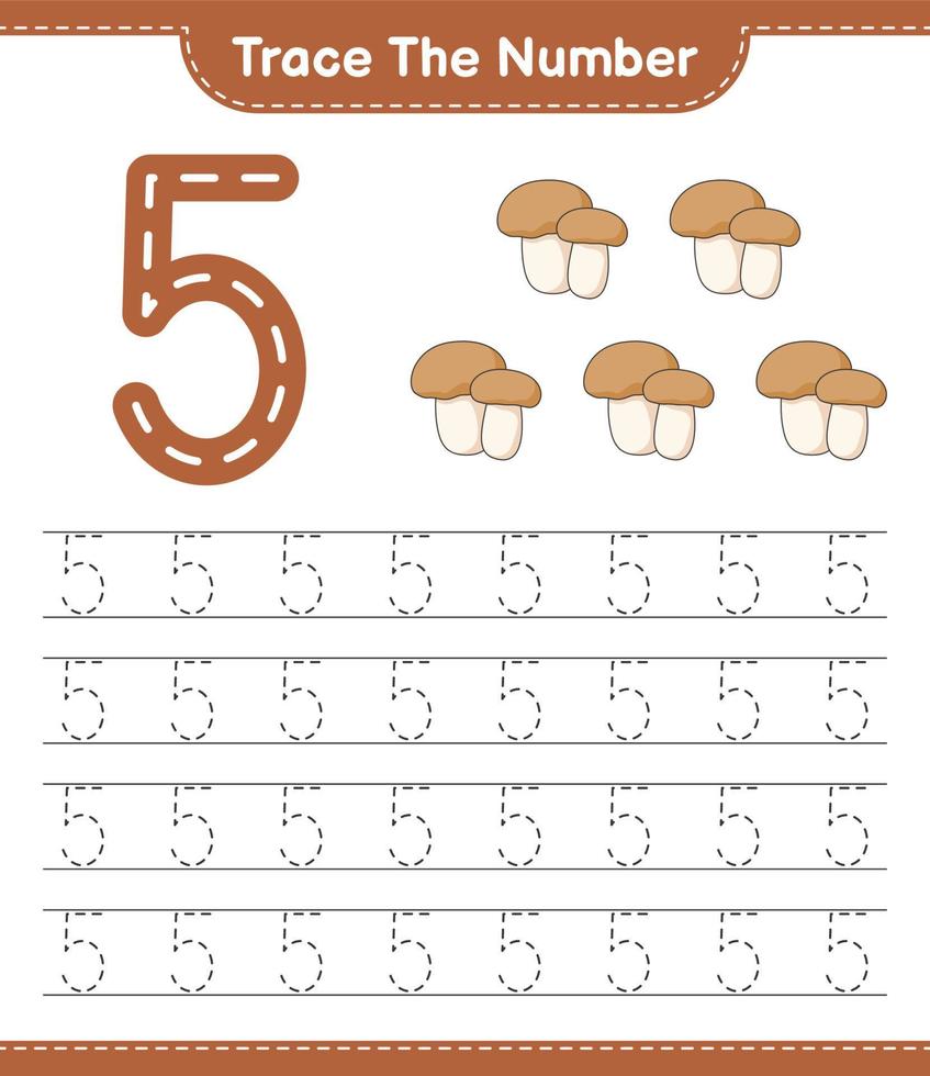 Trace the number. Tracing number with Mushroom Boletus. Educational children game, printable worksheet, vector illustration