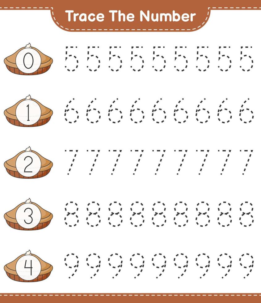 Trace the number. Tracing number with Pie. Educational children game, printable worksheet, vector illustration