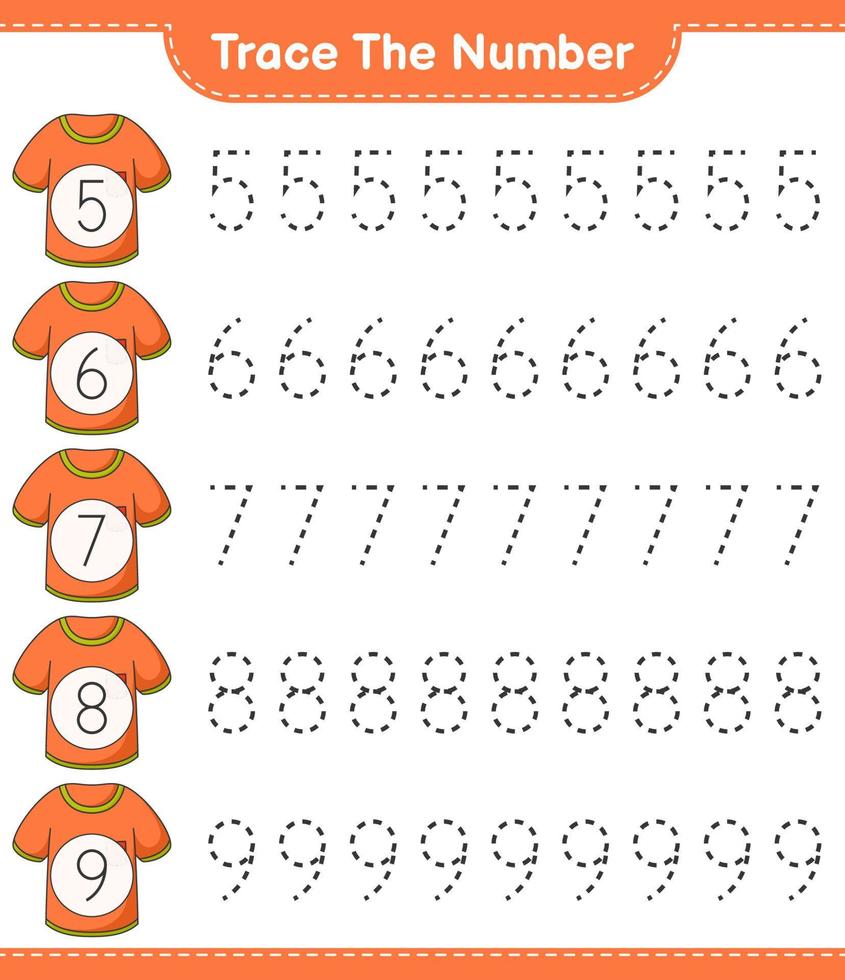 Trace the number. Tracing number with T-shirt. Educational children game, printable worksheet, vector illustration