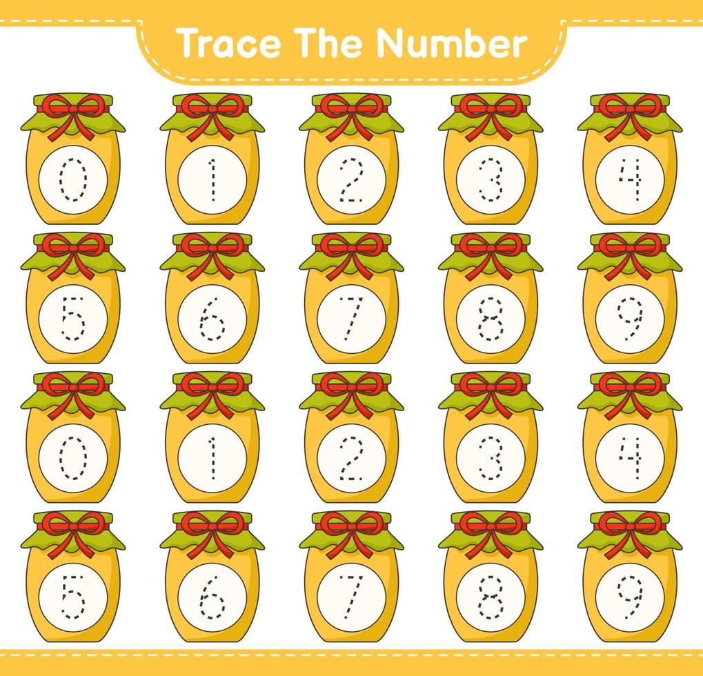 Trace the number. Tracing number with Jam. Educational children game, printable worksheet, vector illustration
