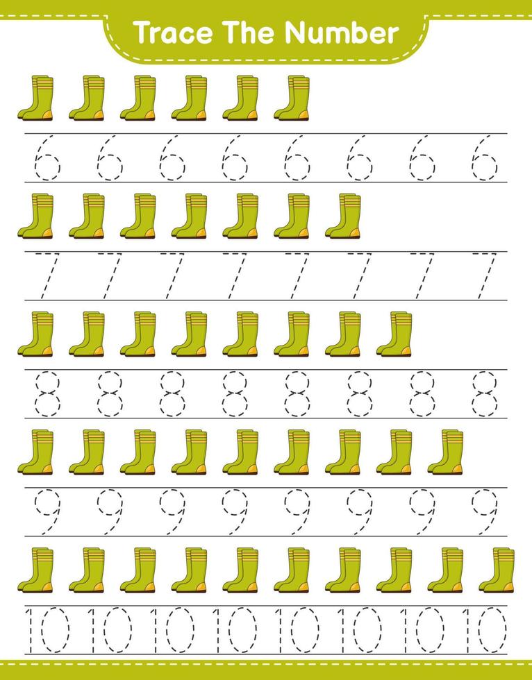 Trace the number. Tracing number with Rubber Boots. Educational children game, printable worksheet, vector illustration