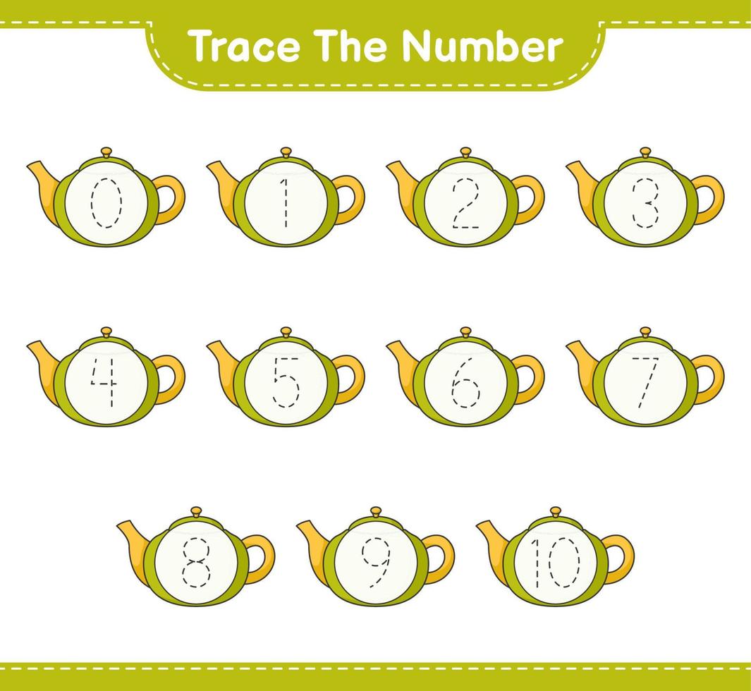 Trace the number. Tracing number with Teapot. Educational children game, printable worksheet, vector illustration