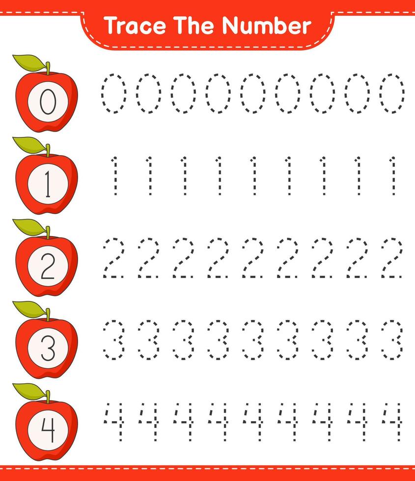 Trace the number. Tracing number with Apple. Educational children game, printable worksheet, vector illustration