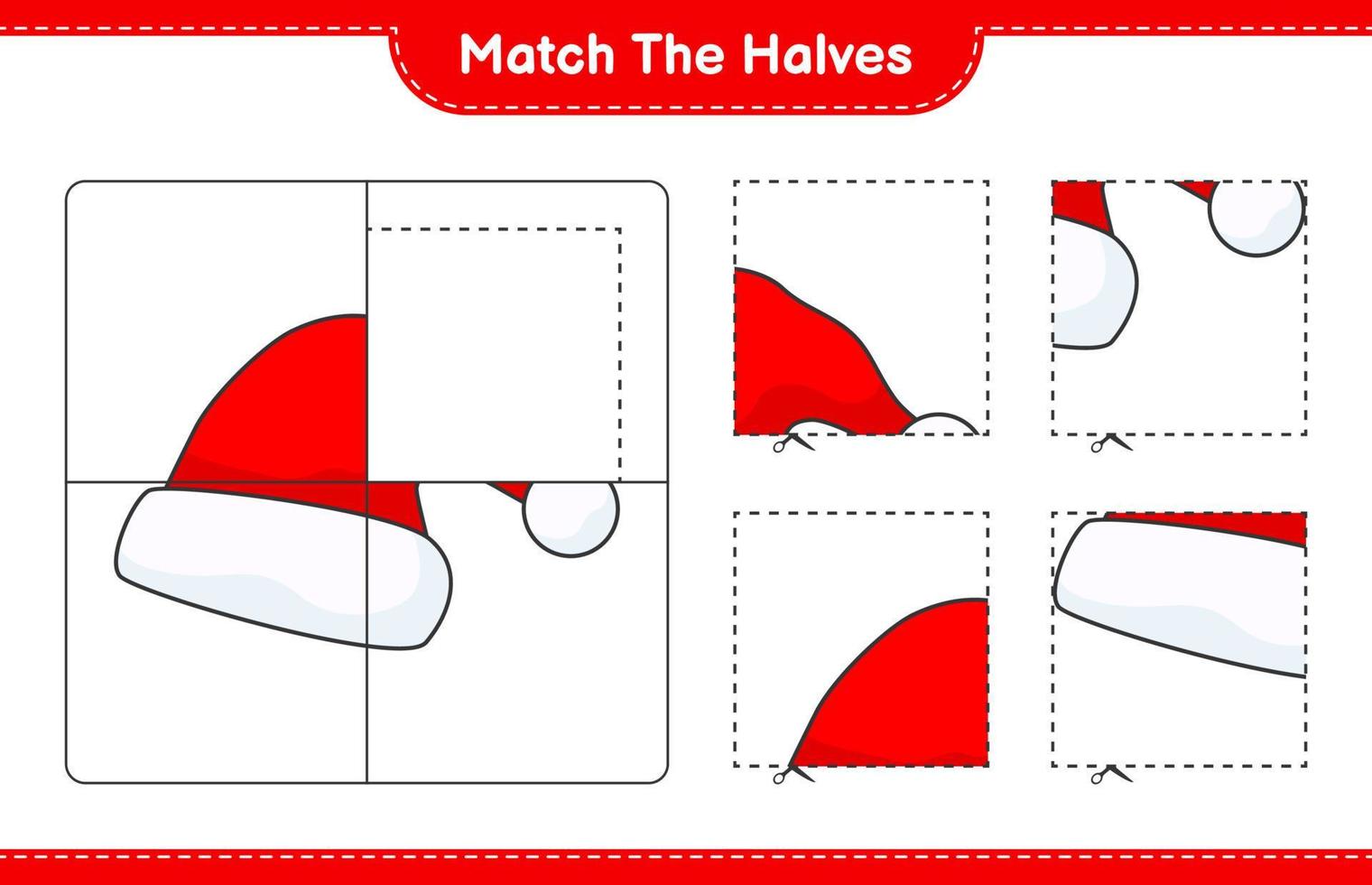 Match the halves. Match halves of Santa Hat. Educational children game, printable worksheet, vector illustration