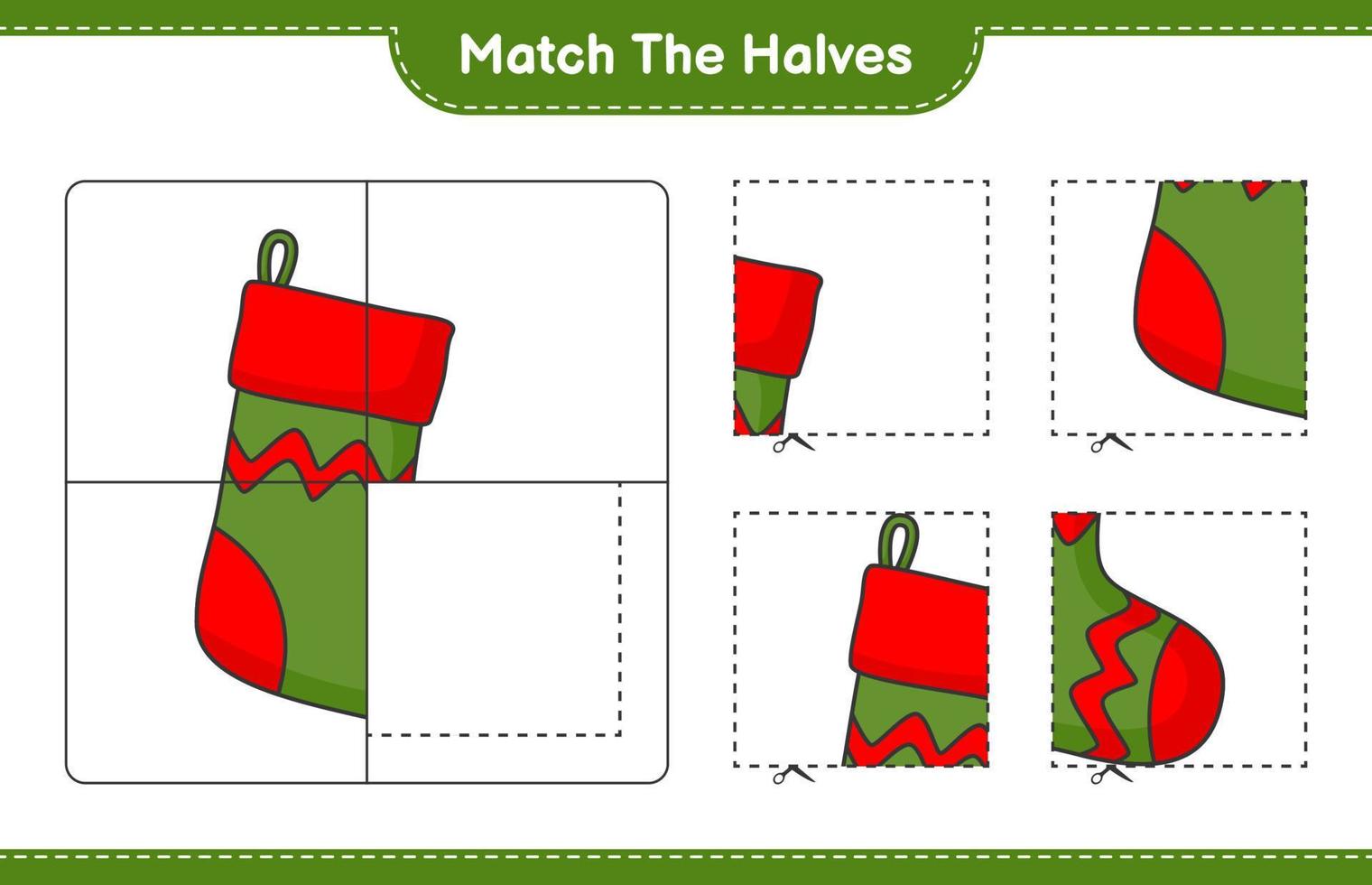 Match the halves. Match halves of Christmas Sock. Educational children game, printable worksheet, vector illustration