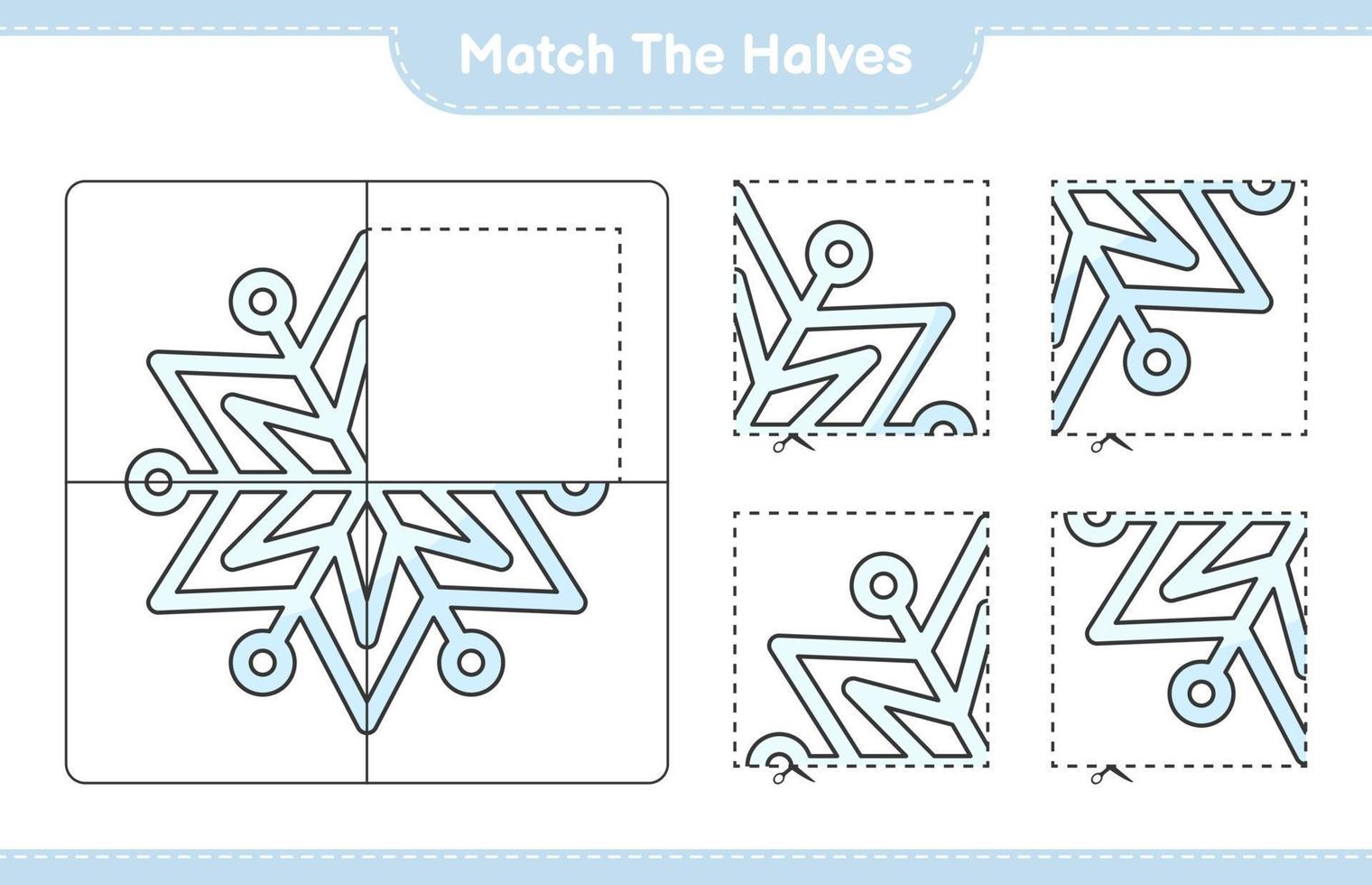 Match the halves. Match halves of Snowflake. Educational children game, printable worksheet, vector illustration