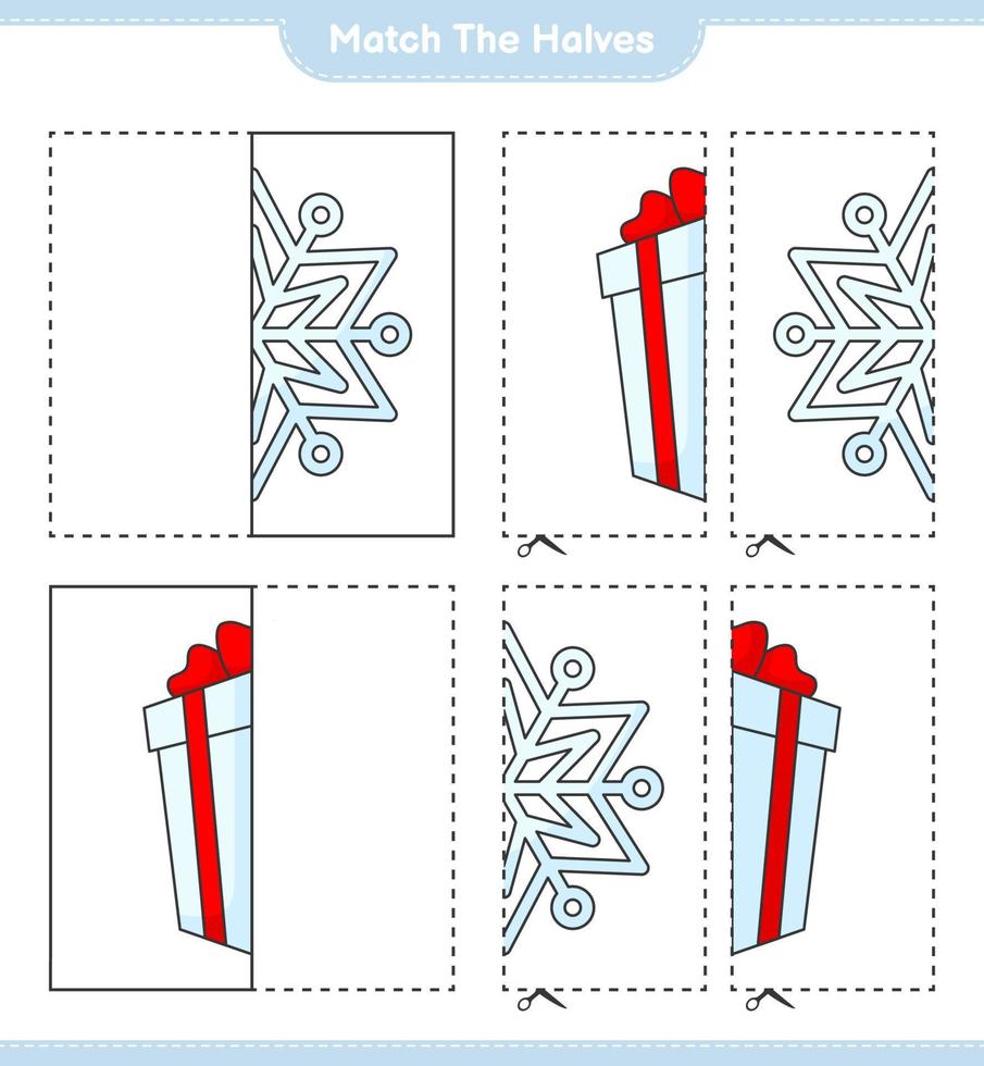 Match the halves. Match halves of Snowflake and Gift Box. Educational children game, printable worksheet, vector illustration