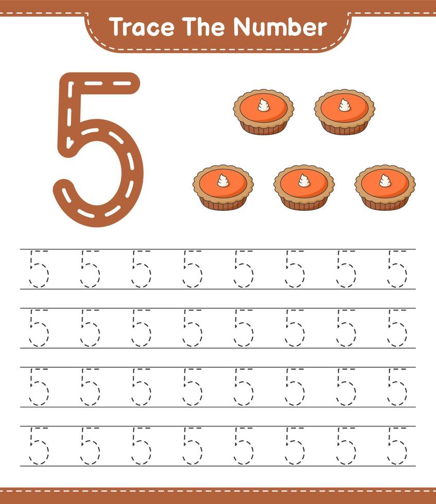 Trace the number. Tracing number with Pie. Educational children game, printable worksheet, vector illustration