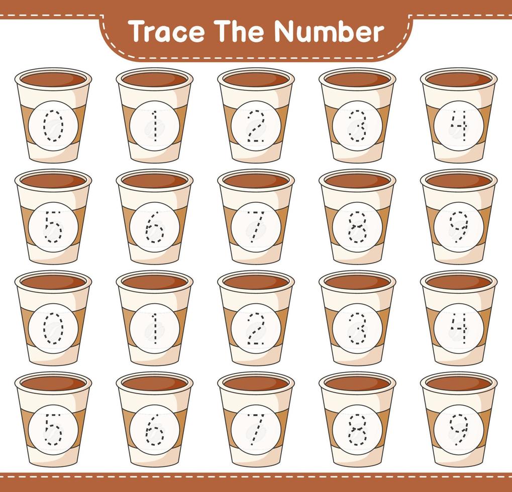 Trace the number. Tracing number with Coffee Cup. Educational children game, printable worksheet, vector illustration
