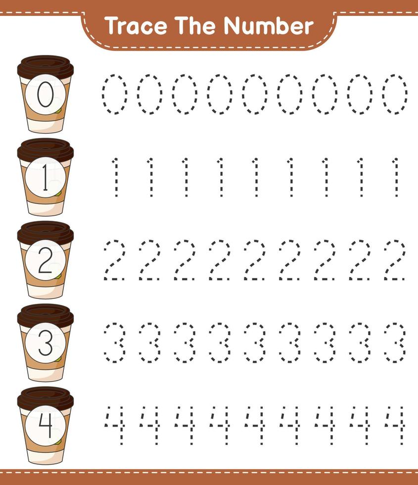 Trace the number. Tracing number with Tea Cup. Educational children game, printable worksheet, vector illustration