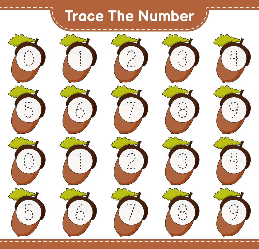 Trace the number. Tracing number with Acorn. Educational children game, printable worksheet, vector illustration