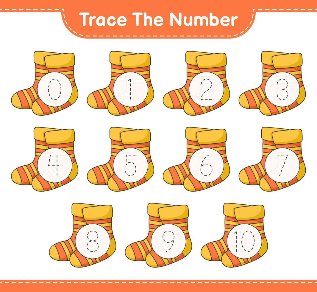 Trace the number. Tracing number with Socks. Educational children game, printable worksheet, vector illustration