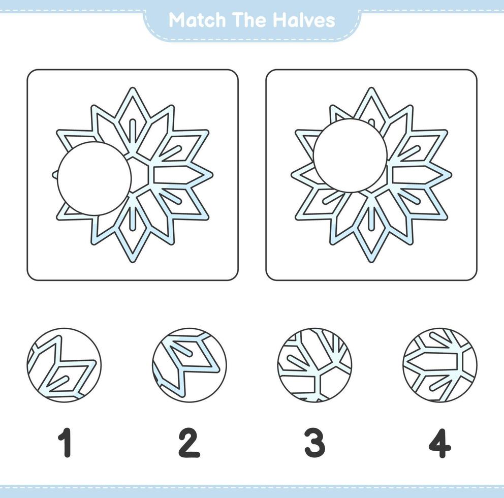 Empareja las mitades. emparejar las mitades del copo de nieve. juego educativo para niños, hoja de cálculo imprimible, ilustración vectorial vector