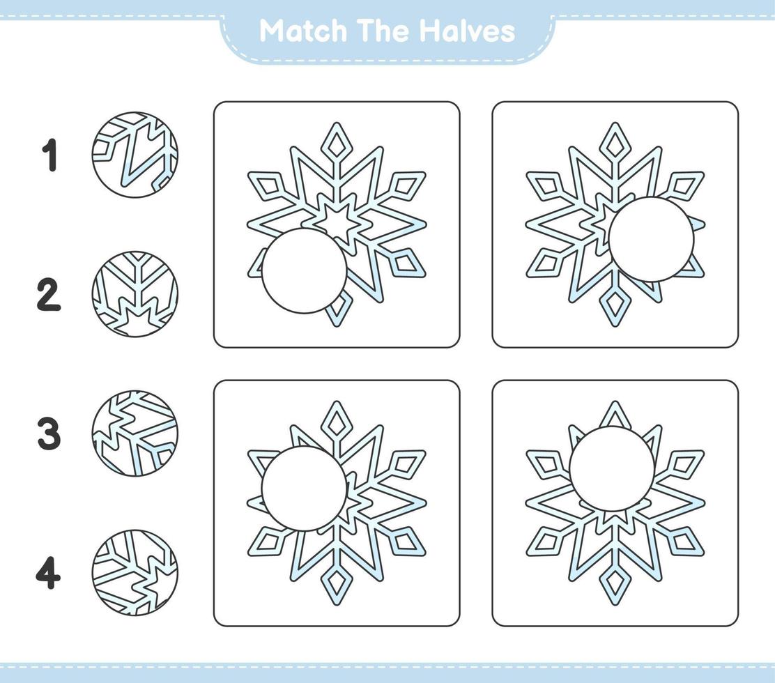Empareja las mitades. emparejar las mitades del copo de nieve. juego educativo para niños, hoja de cálculo imprimible, ilustración vectorial vector