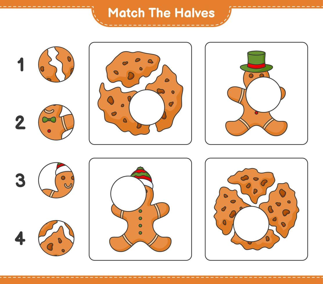 Match the halves. Match halves of Cookies and Gingerbread Man. Educational children game, printable worksheet, vector illustration