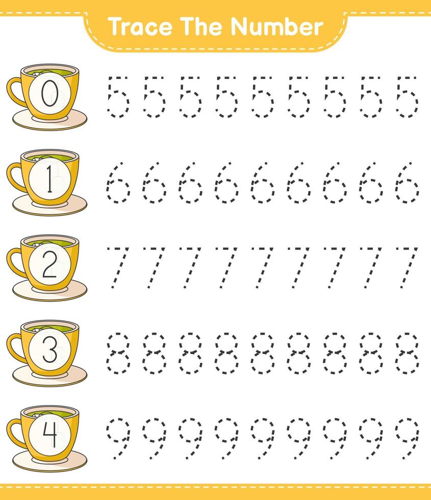 Trace the number. Tracing number with Tea Cup. Educational children game, printable worksheet, vector illustration