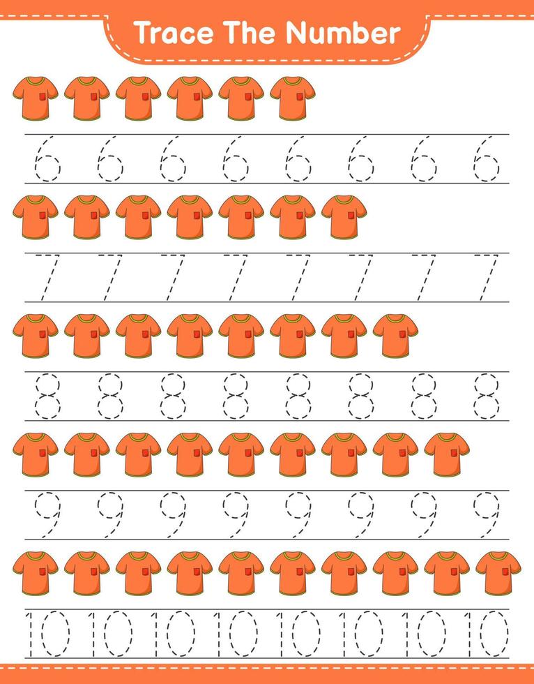 Trace the number. Tracing number with T-shirt. Educational children game, printable worksheet, vector illustration