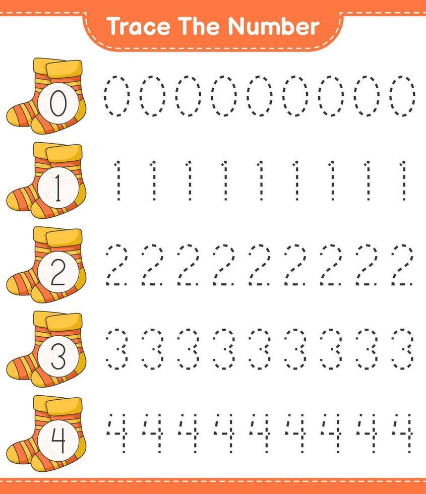 Trace the number. Tracing number with Socks. Educational children game, printable worksheet, vector illustration