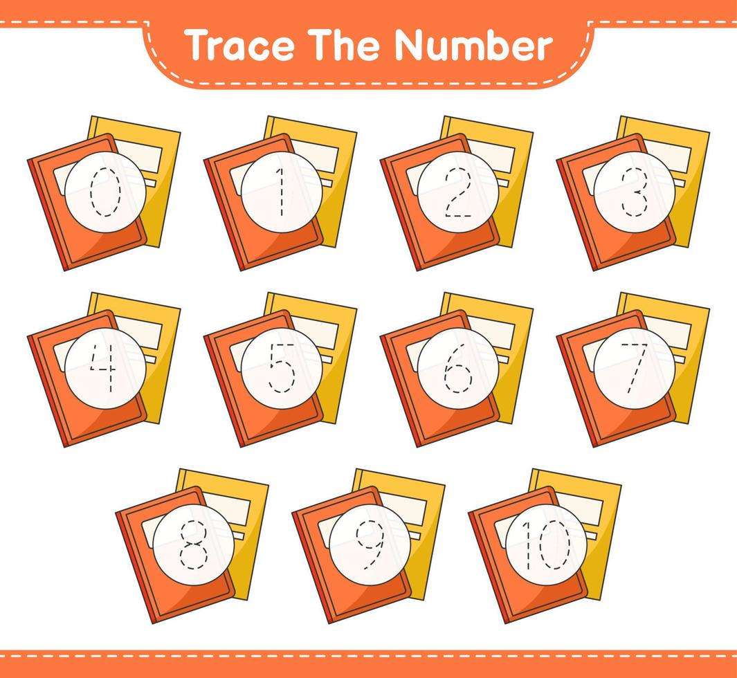 Trace the number. Tracing number with Book. Educational children game, printable worksheet, vector illustration