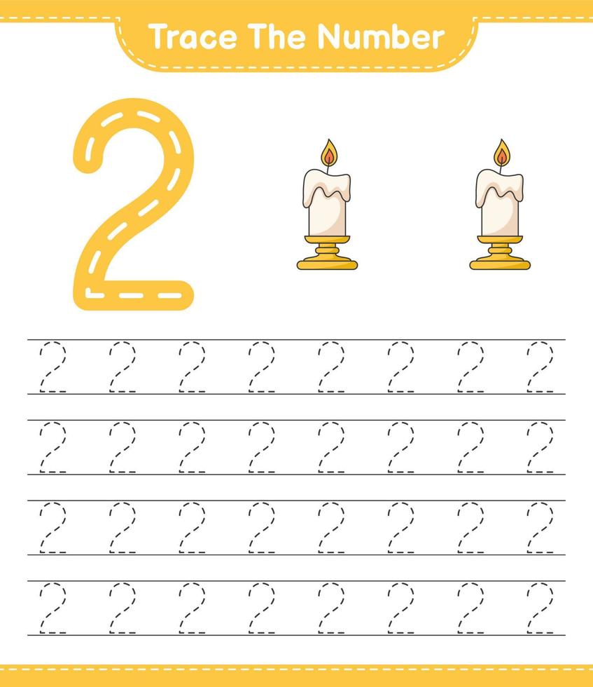 Trace the number. Tracing number with Candle. Educational children game, printable worksheet, vector illustration