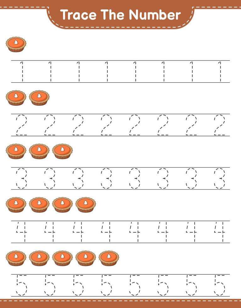 Trace the number. Tracing number with Pie. Educational children game, printable worksheet, vector illustration