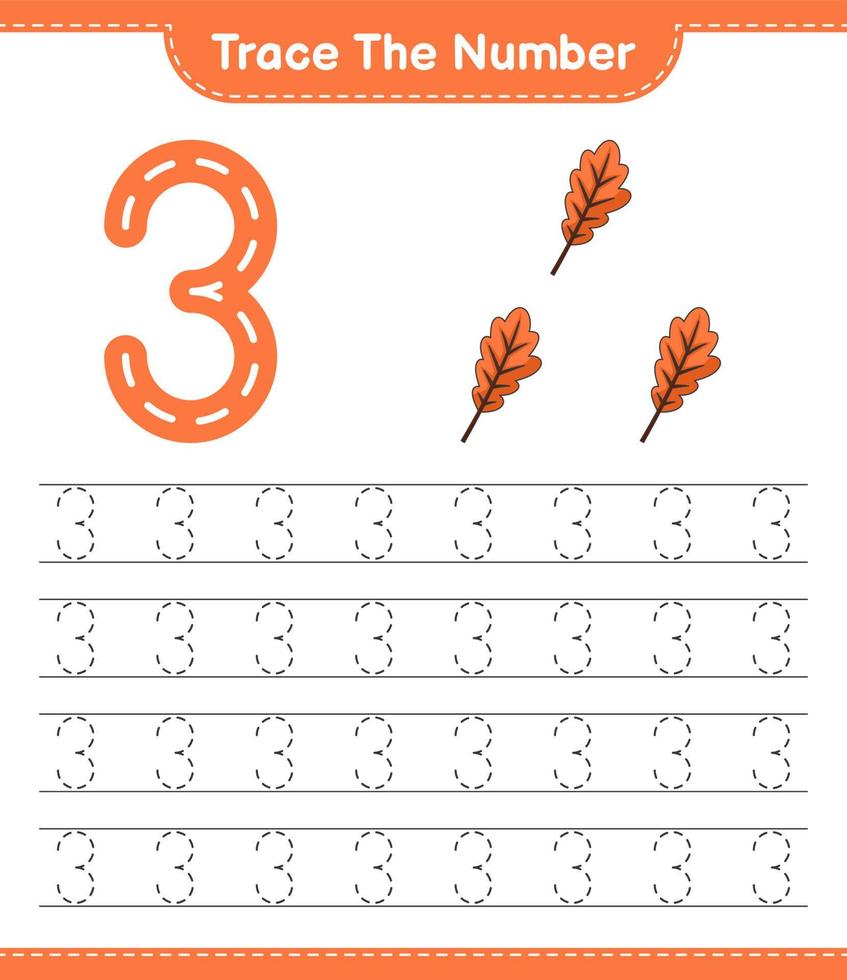 Trace the number. Tracing number with Oak Leaf. Educational children game, printable worksheet, vector illustration